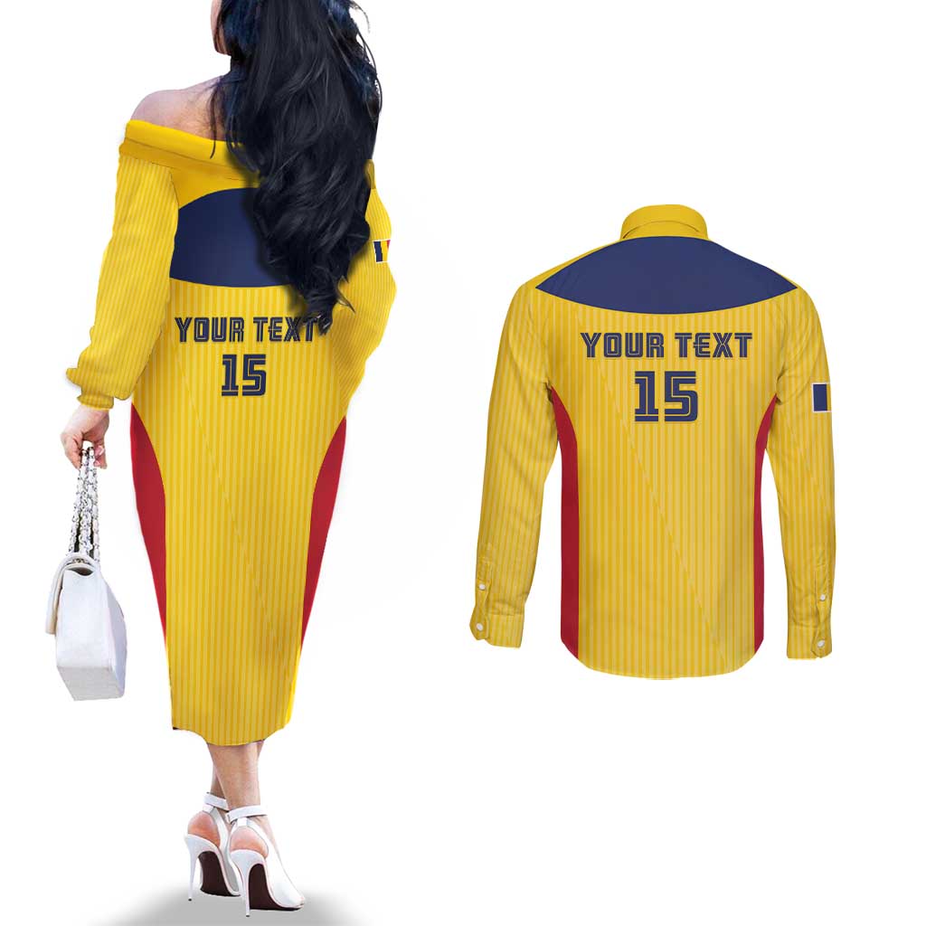 Custom Chad Football Couples Matching Off The Shoulder Long Sleeve Dress and Long Sleeve Button Shirt Allez Les Sao