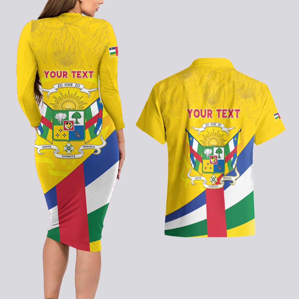 Personalised Central African Republic Independence Day Couples Matching Long Sleeve Bodycon Dress and Hawaiian Shirt Coat Of Arms Proteas