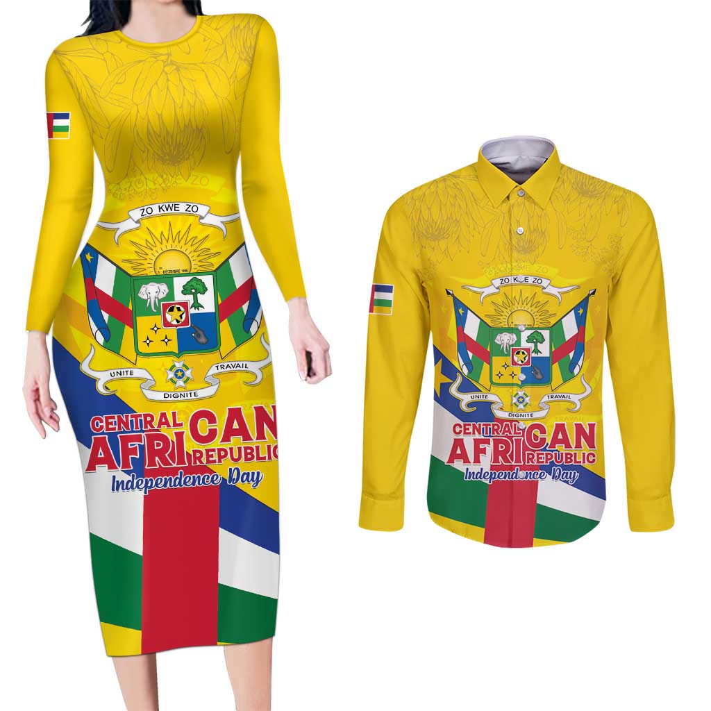Personalised Central African Republic Independence Day Couples Matching Long Sleeve Bodycon Dress and Long Sleeve Button Shirt Coat Of Arms Proteas