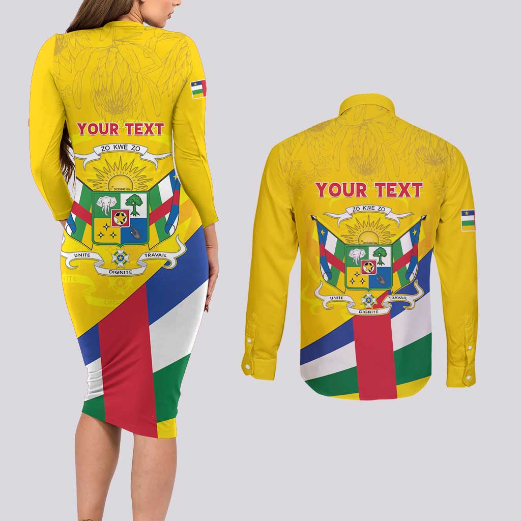 Personalised Central African Republic Independence Day Couples Matching Long Sleeve Bodycon Dress and Long Sleeve Button Shirt Coat Of Arms Proteas