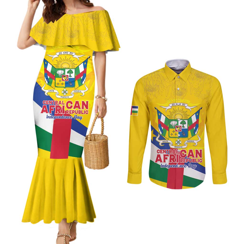 Personalised Central African Republic Independence Day Couples Matching Mermaid Dress and Long Sleeve Button Shirt Coat Of Arms Proteas