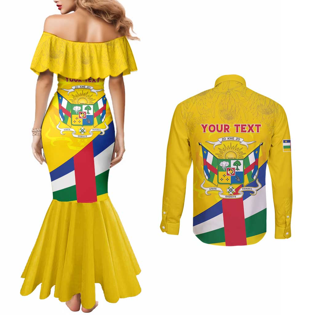 Personalised Central African Republic Independence Day Couples Matching Mermaid Dress and Long Sleeve Button Shirt Coat Of Arms Proteas