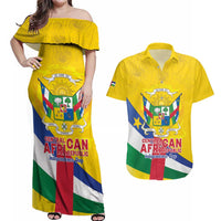 Personalised Central African Republic Independence Day Couples Matching Off Shoulder Maxi Dress and Hawaiian Shirt Coat Of Arms Proteas