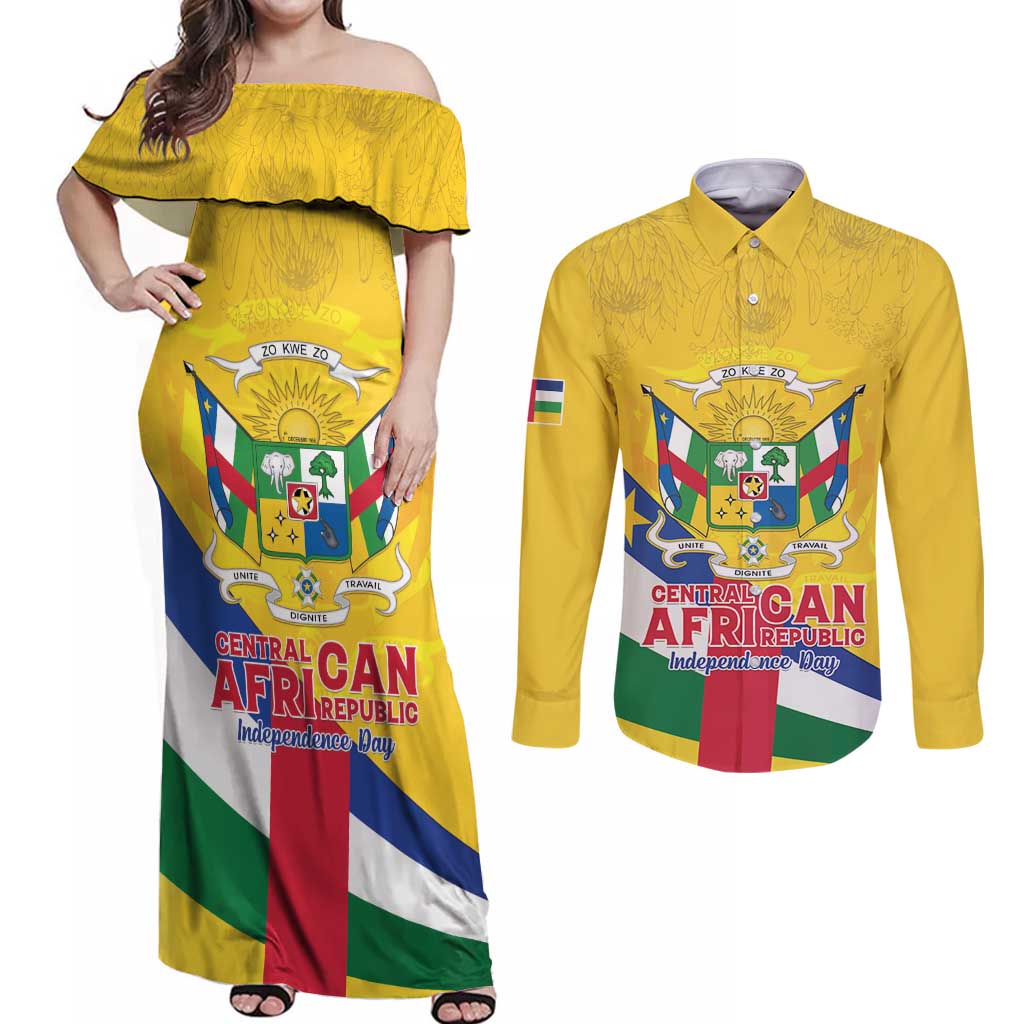 Personalised Central African Republic Independence Day Couples Matching Off Shoulder Maxi Dress and Long Sleeve Button Shirt Coat Of Arms Proteas