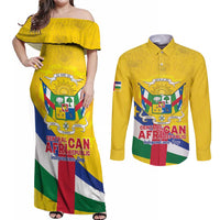 Personalised Central African Republic Independence Day Couples Matching Off Shoulder Maxi Dress and Long Sleeve Button Shirt Coat Of Arms Proteas