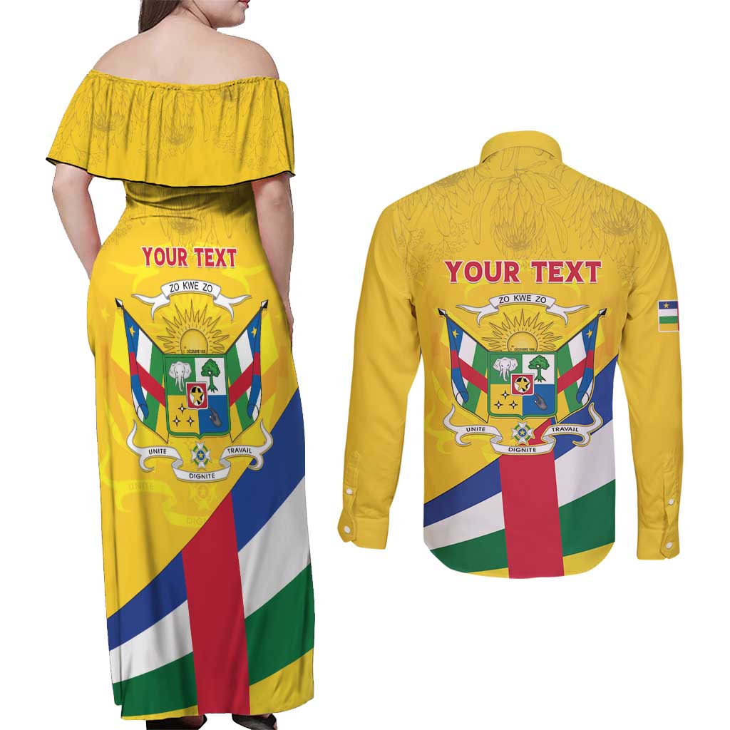 Personalised Central African Republic Independence Day Couples Matching Off Shoulder Maxi Dress and Long Sleeve Button Shirt Coat Of Arms Proteas