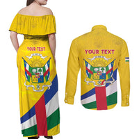 Personalised Central African Republic Independence Day Couples Matching Off Shoulder Maxi Dress and Long Sleeve Button Shirt Coat Of Arms Proteas