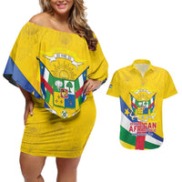 Personalised Central African Republic Independence Day Couples Matching Off Shoulder Short Dress and Hawaiian Shirt Coat Of Arms Proteas
