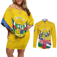 Personalised Central African Republic Independence Day Couples Matching Off Shoulder Short Dress and Long Sleeve Button Shirt Coat Of Arms Proteas