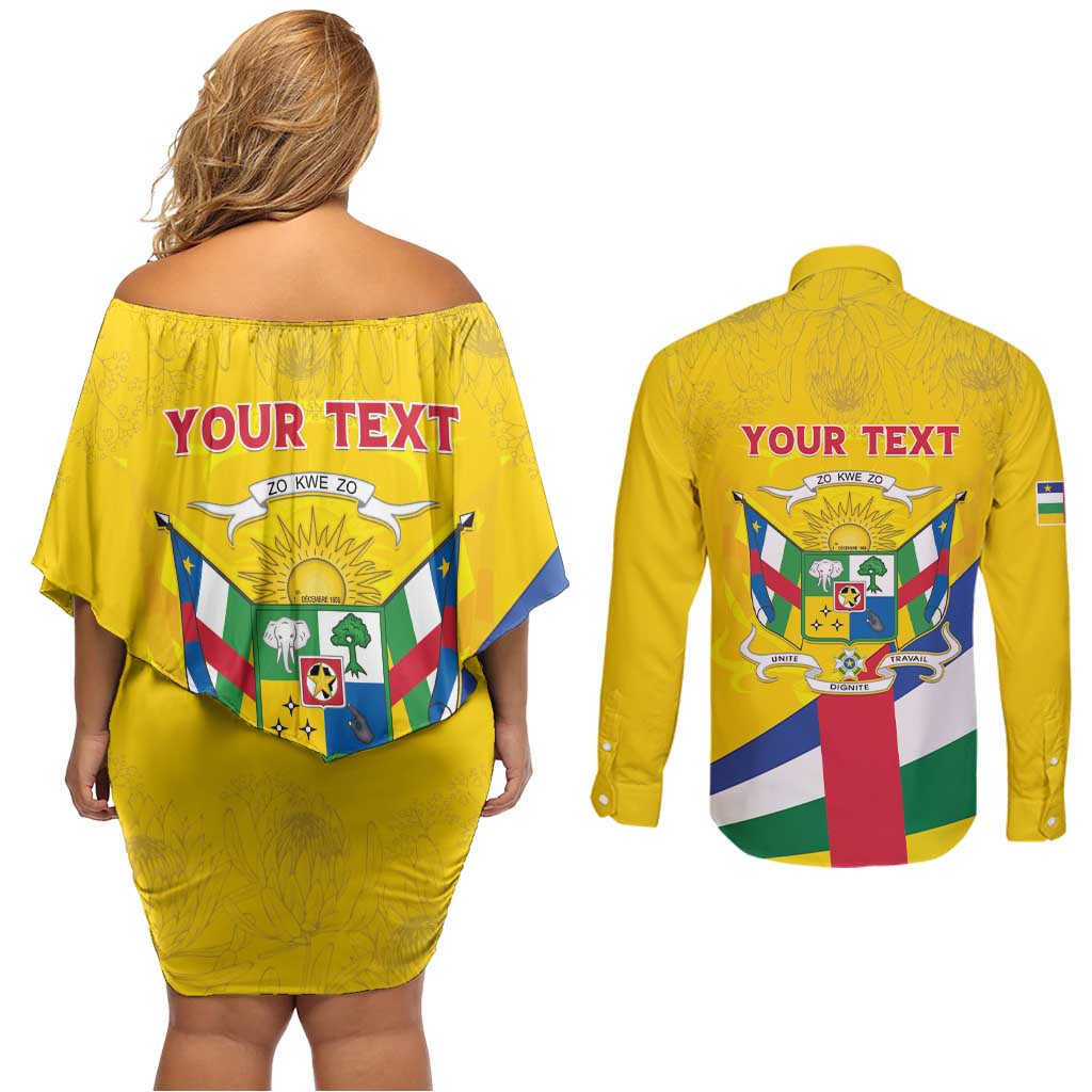 Personalised Central African Republic Independence Day Couples Matching Off Shoulder Short Dress and Long Sleeve Button Shirt Coat Of Arms Proteas