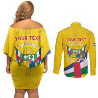 Personalised Central African Republic Independence Day Couples Matching Off Shoulder Short Dress and Long Sleeve Button Shirt Coat Of Arms Proteas