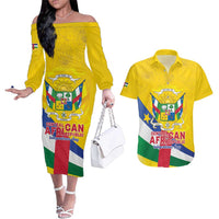 Personalised Central African Republic Independence Day Couples Matching Off The Shoulder Long Sleeve Dress and Hawaiian Shirt Coat Of Arms Proteas