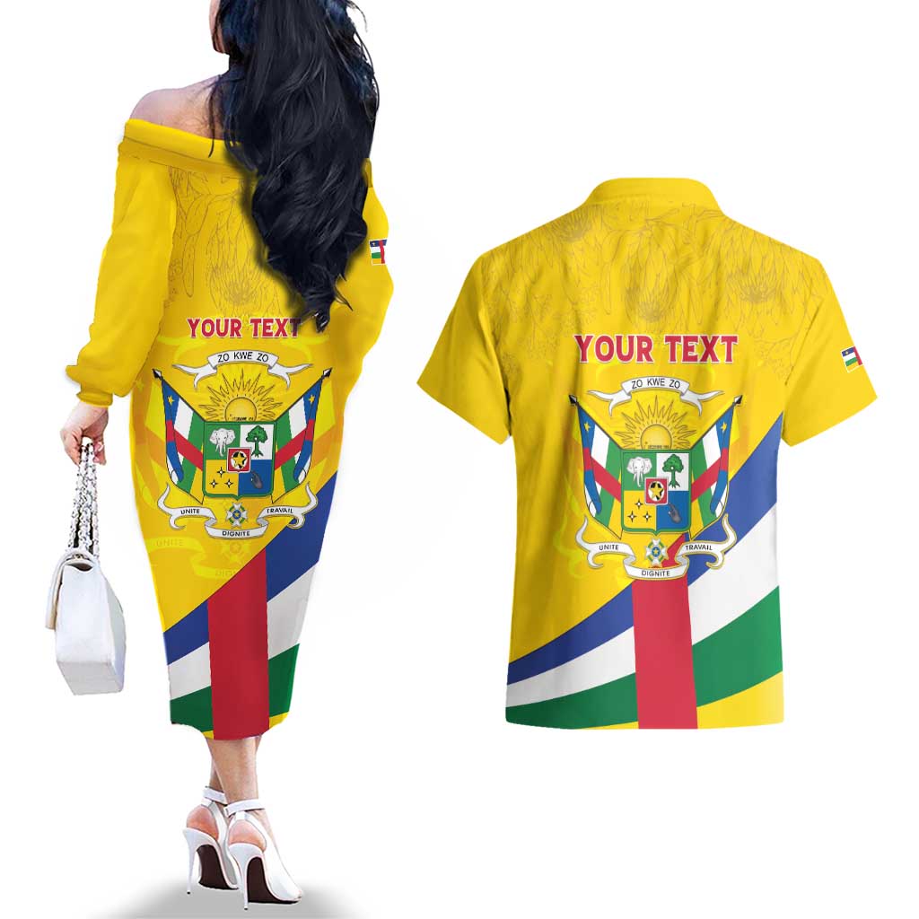 Personalised Central African Republic Independence Day Couples Matching Off The Shoulder Long Sleeve Dress and Hawaiian Shirt Coat Of Arms Proteas