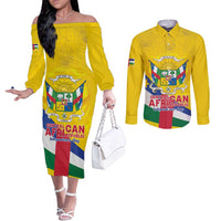 Personalised Central African Republic Independence Day Couples Matching Off The Shoulder Long Sleeve Dress and Long Sleeve Button Shirt Coat Of Arms Proteas