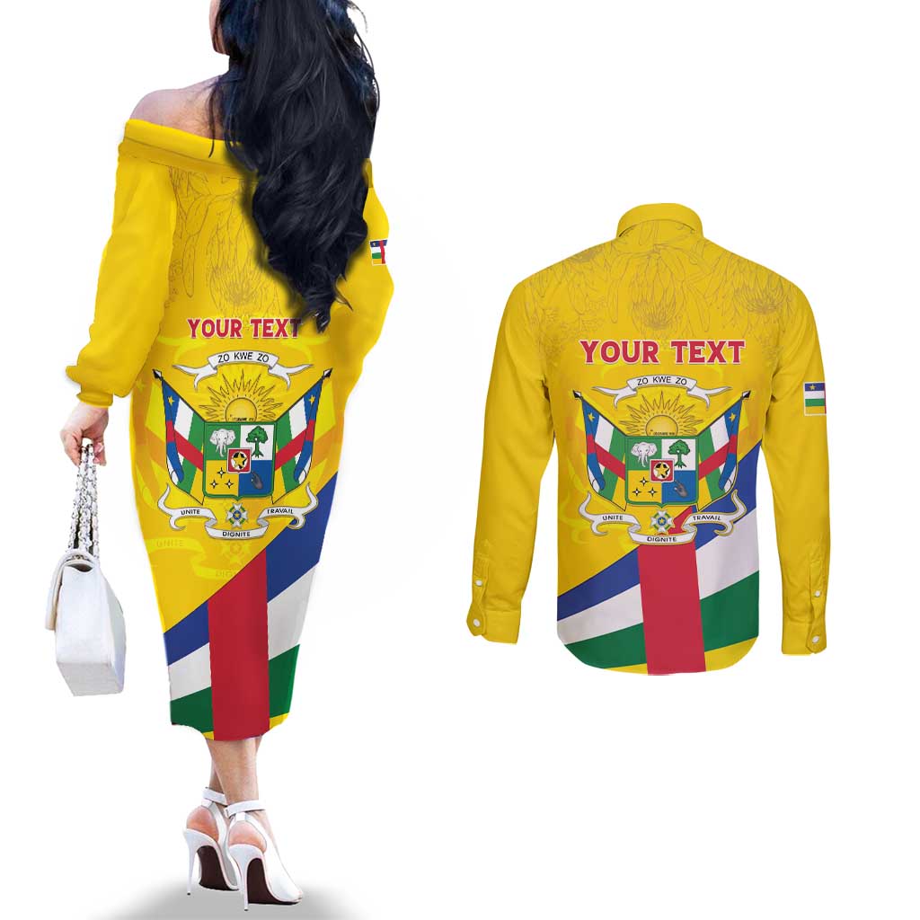 Personalised Central African Republic Independence Day Couples Matching Off The Shoulder Long Sleeve Dress and Long Sleeve Button Shirt Coat Of Arms Proteas