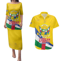 Personalised Central African Republic Independence Day Couples Matching Puletasi and Hawaiian Shirt Coat Of Arms Proteas