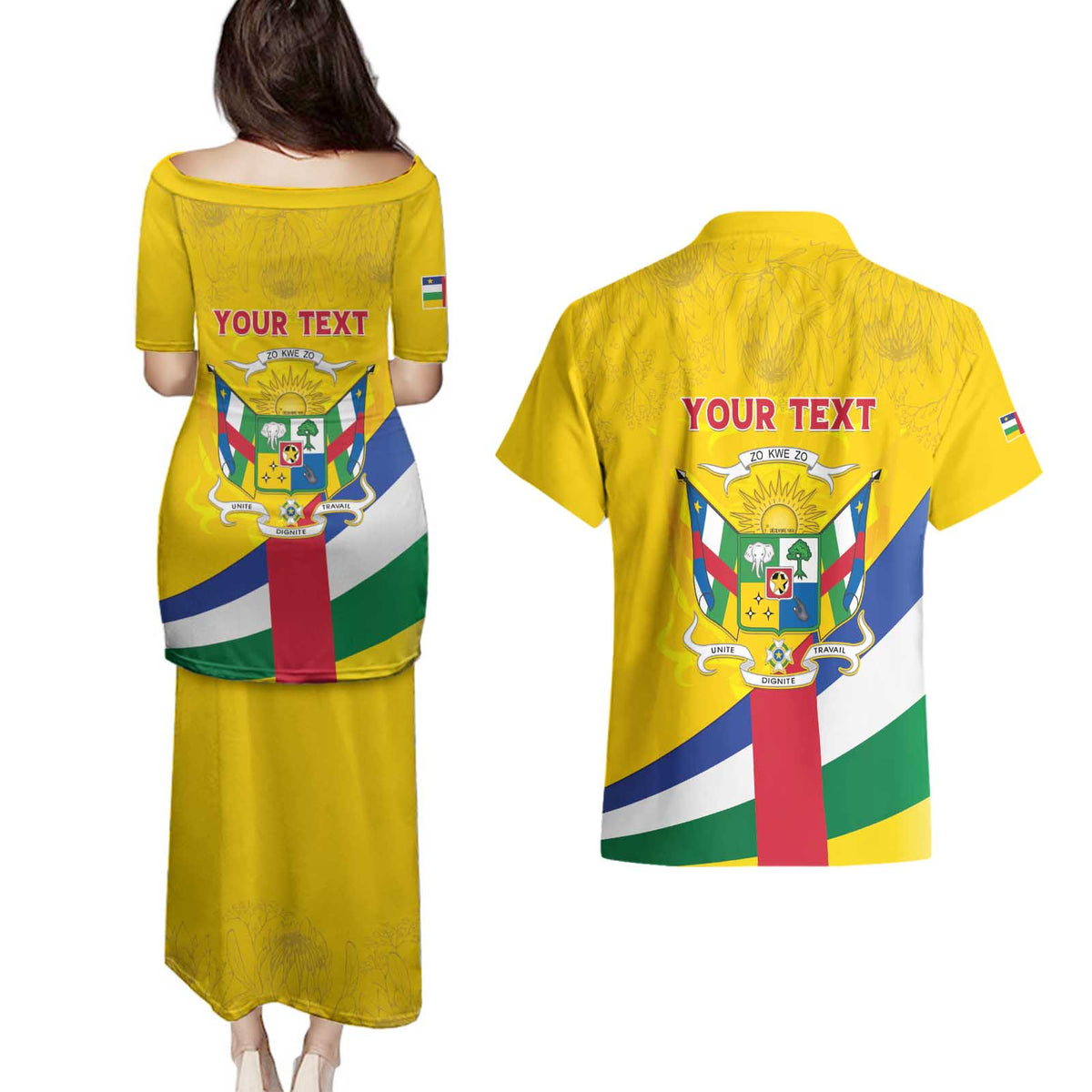 Personalised Central African Republic Independence Day Couples Matching Puletasi and Hawaiian Shirt Coat Of Arms Proteas