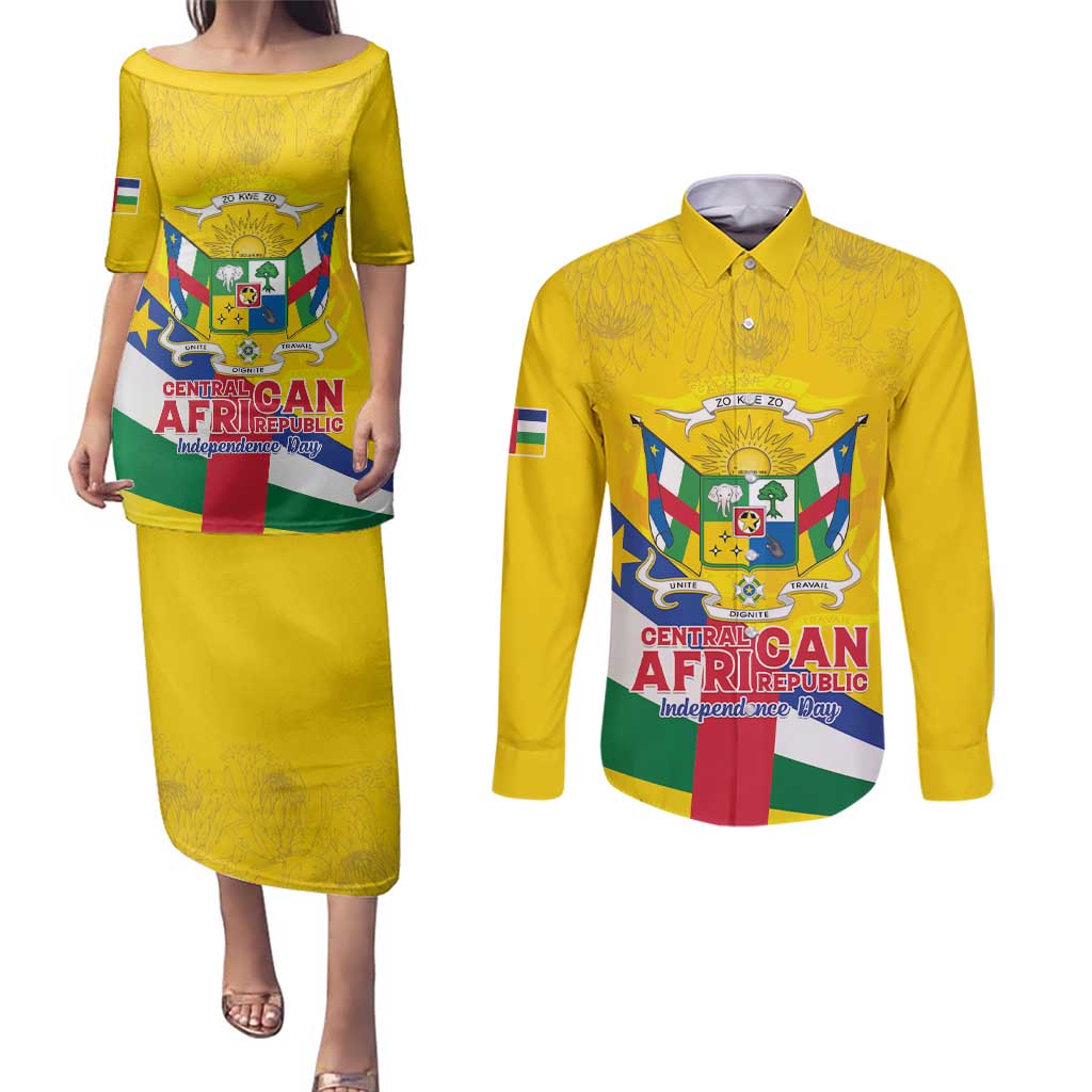 Personalised Central African Republic Independence Day Couples Matching Puletasi and Long Sleeve Button Shirt Coat Of Arms Proteas