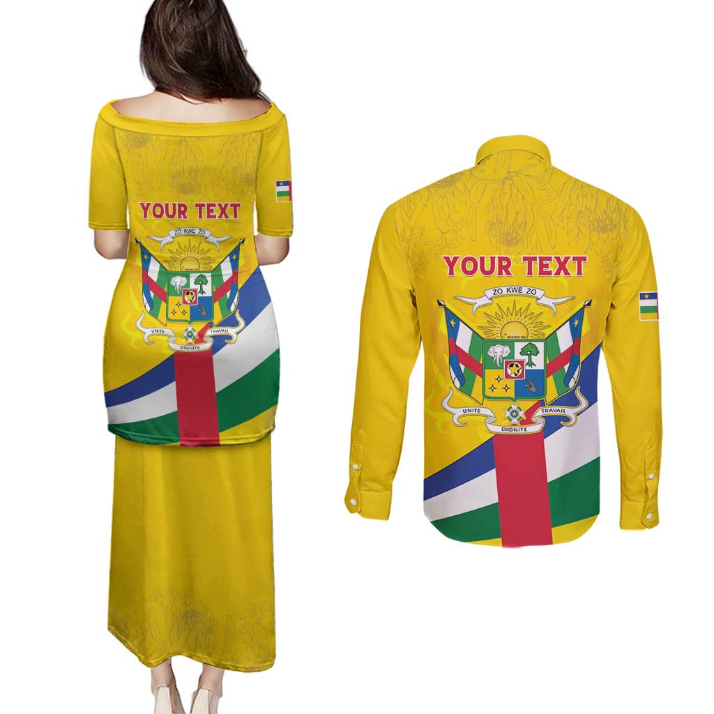Personalised Central African Republic Independence Day Couples Matching Puletasi and Long Sleeve Button Shirt Coat Of Arms Proteas