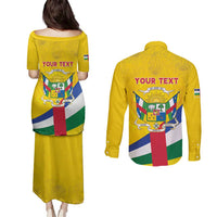 Personalised Central African Republic Independence Day Couples Matching Puletasi and Long Sleeve Button Shirt Coat Of Arms Proteas