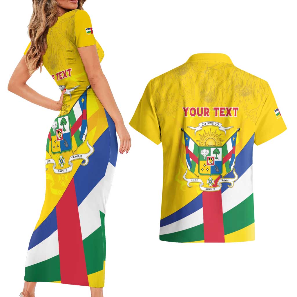 Personalised Central African Republic Independence Day Couples Matching Short Sleeve Bodycon Dress and Hawaiian Shirt Coat Of Arms Proteas