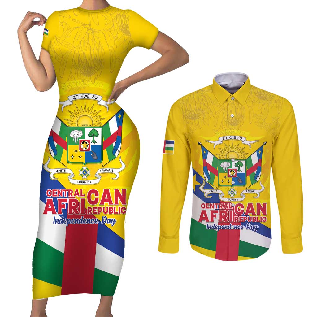 Personalised Central African Republic Independence Day Couples Matching Short Sleeve Bodycon Dress and Long Sleeve Button Shirt Coat Of Arms Proteas