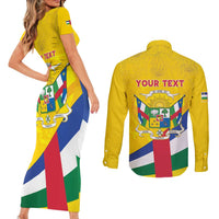 Personalised Central African Republic Independence Day Couples Matching Short Sleeve Bodycon Dress and Long Sleeve Button Shirt Coat Of Arms Proteas