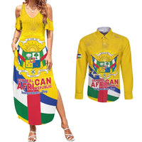 Personalised Central African Republic Independence Day Couples Matching Summer Maxi Dress and Long Sleeve Button Shirt Coat Of Arms Proteas