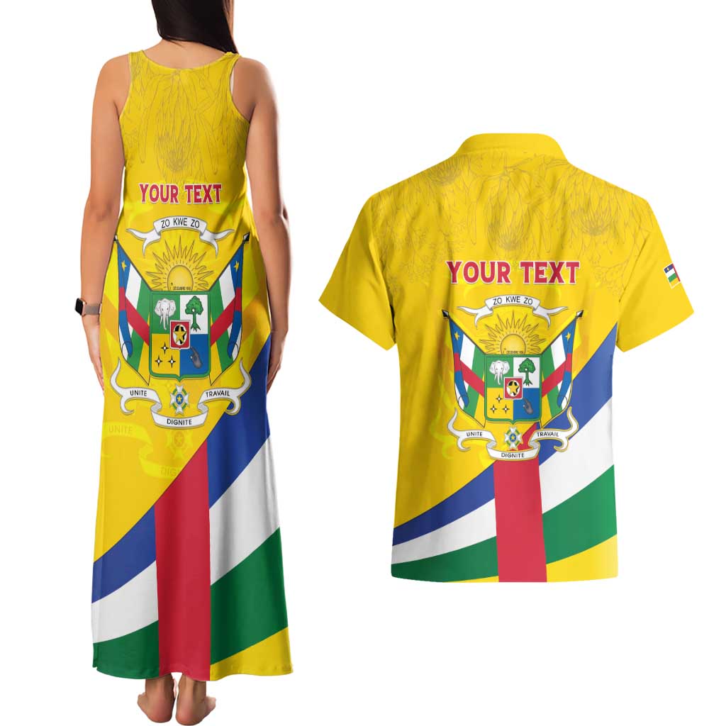 Personalised Central African Republic Independence Day Couples Matching Tank Maxi Dress and Hawaiian Shirt Coat Of Arms Proteas