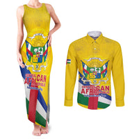 Personalised Central African Republic Independence Day Couples Matching Tank Maxi Dress and Long Sleeve Button Shirt Coat Of Arms Proteas