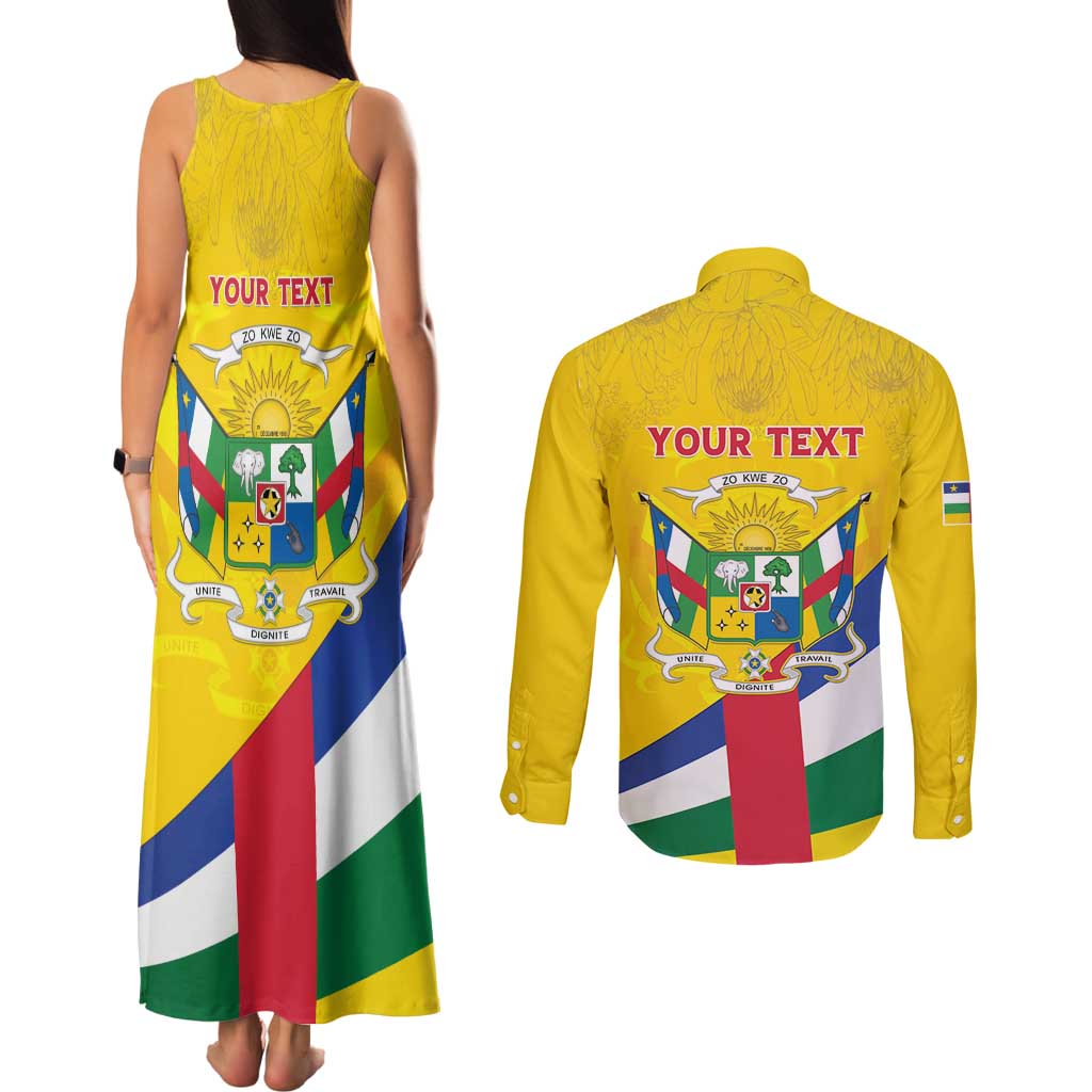 Personalised Central African Republic Independence Day Couples Matching Tank Maxi Dress and Long Sleeve Button Shirt Coat Of Arms Proteas