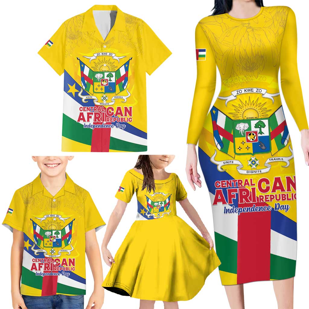 Personalised Central African Republic Independence Day Family Matching Long Sleeve Bodycon Dress and Hawaiian Shirt Coat Of Arms Proteas