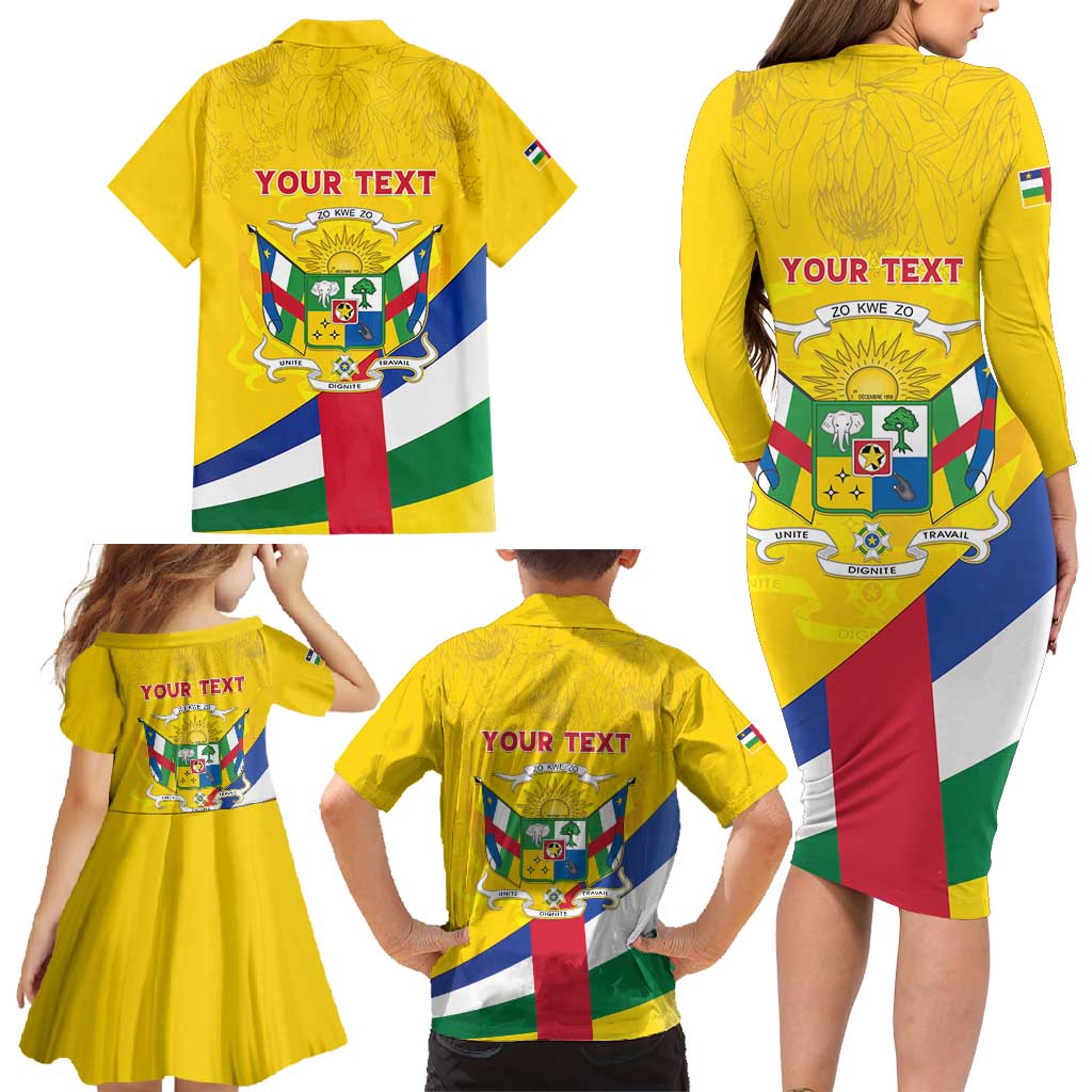 Personalised Central African Republic Independence Day Family Matching Long Sleeve Bodycon Dress and Hawaiian Shirt Coat Of Arms Proteas