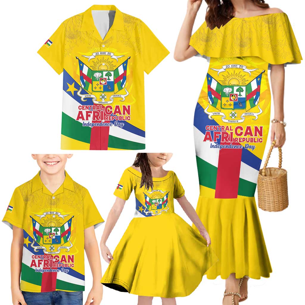 Personalised Central African Republic Independence Day Family Matching Mermaid Dress and Hawaiian Shirt Coat Of Arms Proteas