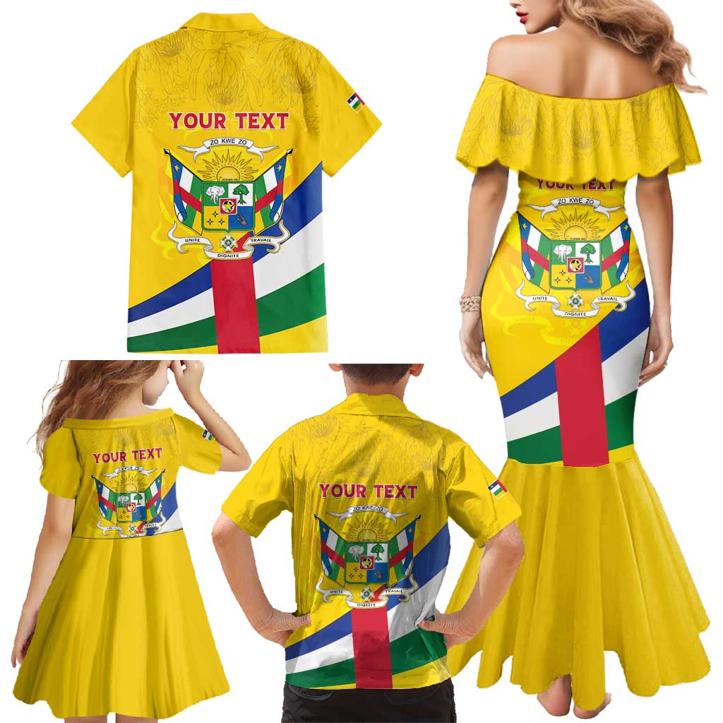 Personalised Central African Republic Independence Day Family Matching Mermaid Dress and Hawaiian Shirt Coat Of Arms Proteas