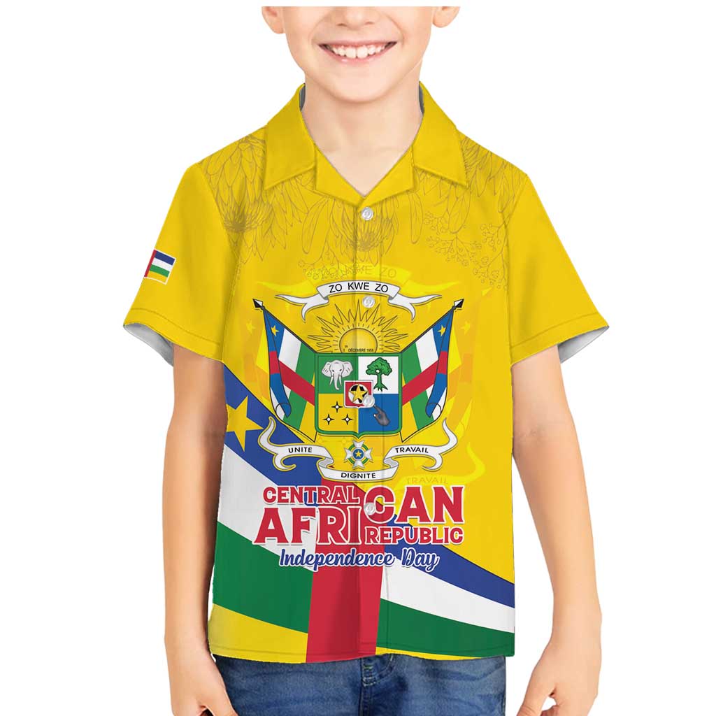 Personalised Central African Republic Independence Day Family Matching Mermaid Dress and Hawaiian Shirt Coat Of Arms Proteas