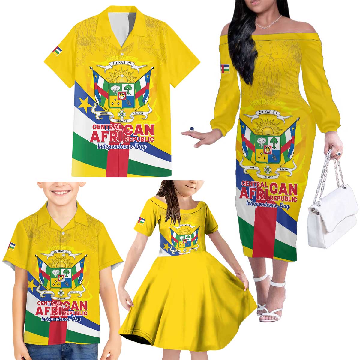 Personalised Central African Republic Independence Day Family Matching Off The Shoulder Long Sleeve Dress and Hawaiian Shirt Coat Of Arms Proteas
