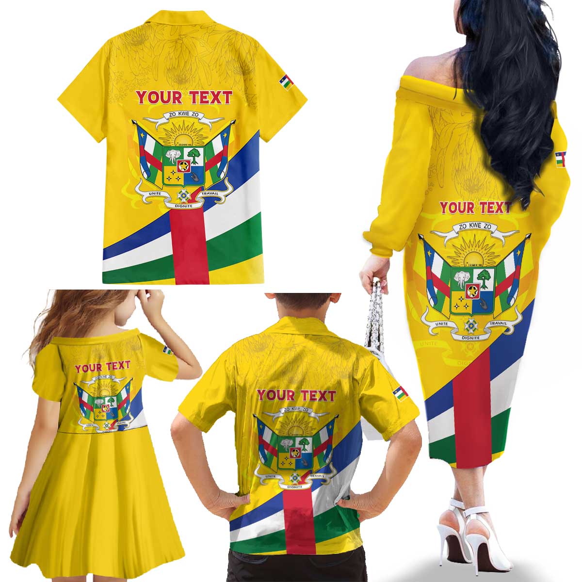 Personalised Central African Republic Independence Day Family Matching Off The Shoulder Long Sleeve Dress and Hawaiian Shirt Coat Of Arms Proteas