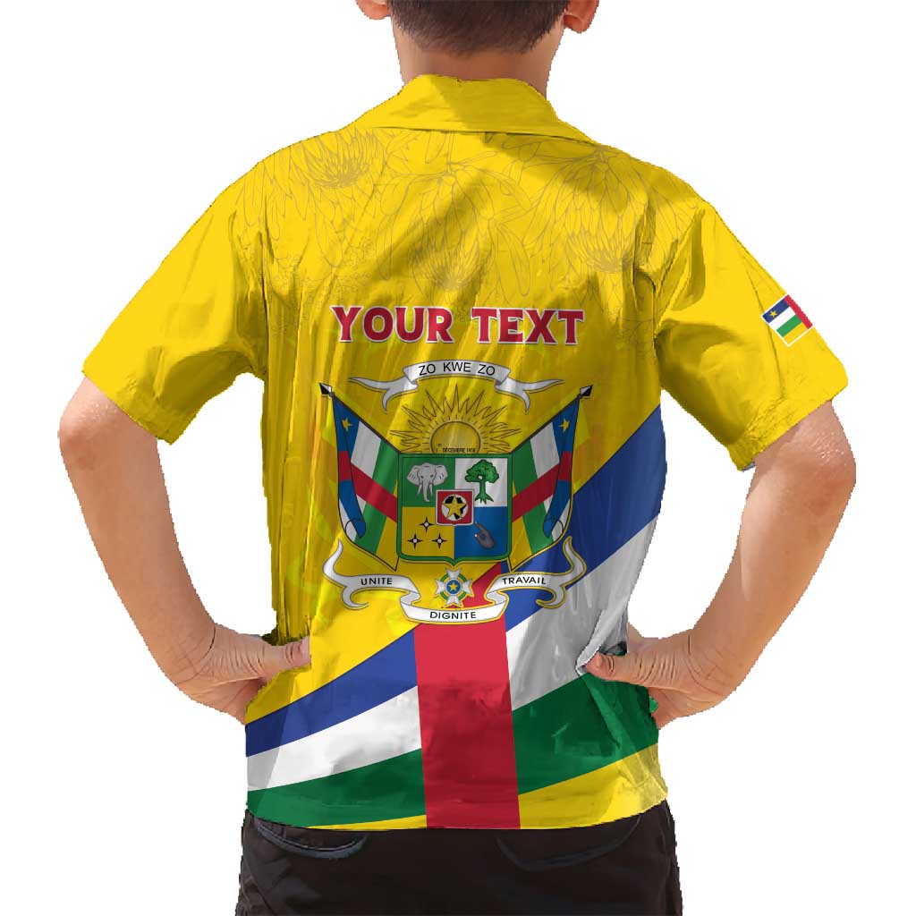 Personalised Central African Republic Independence Day Family Matching Off Shoulder Maxi Dress and Hawaiian Shirt Coat Of Arms Proteas