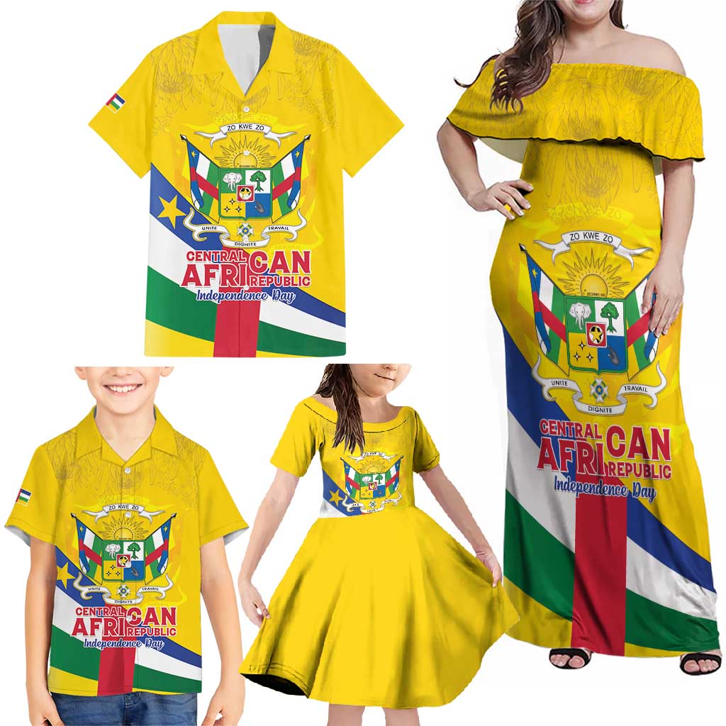 Personalised Central African Republic Independence Day Family Matching Off Shoulder Maxi Dress and Hawaiian Shirt Coat Of Arms Proteas