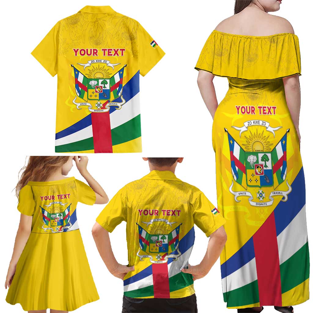 Personalised Central African Republic Independence Day Family Matching Off Shoulder Maxi Dress and Hawaiian Shirt Coat Of Arms Proteas