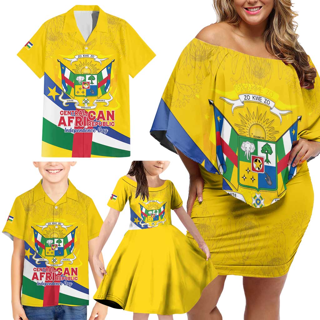 Personalised Central African Republic Independence Day Family Matching Off Shoulder Short Dress and Hawaiian Shirt Coat Of Arms Proteas