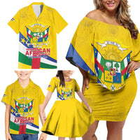 Personalised Central African Republic Independence Day Family Matching Off Shoulder Short Dress and Hawaiian Shirt Coat Of Arms Proteas