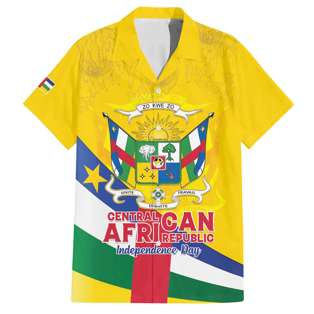 Personalised Central African Republic Independence Day Family Matching Off Shoulder Short Dress and Hawaiian Shirt Coat Of Arms Proteas