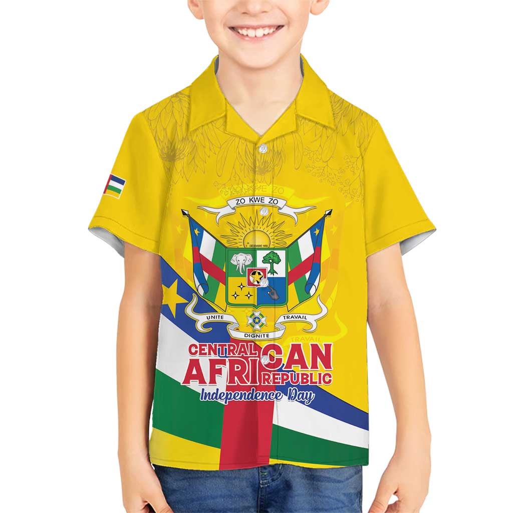 Personalised Central African Republic Independence Day Family Matching Puletasi and Hawaiian Shirt Coat Of Arms Proteas