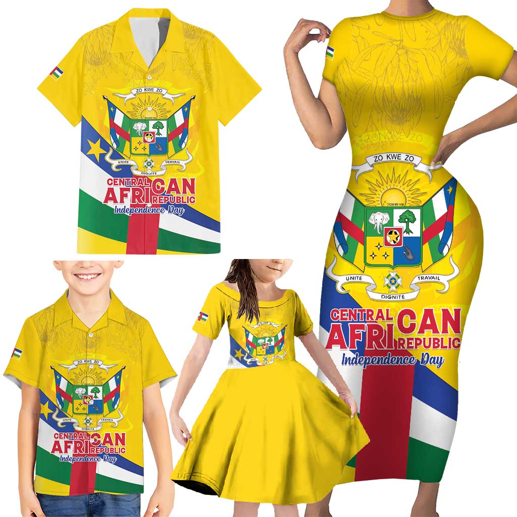 Personalised Central African Republic Independence Day Family Matching Short Sleeve Bodycon Dress and Hawaiian Shirt Coat Of Arms Proteas