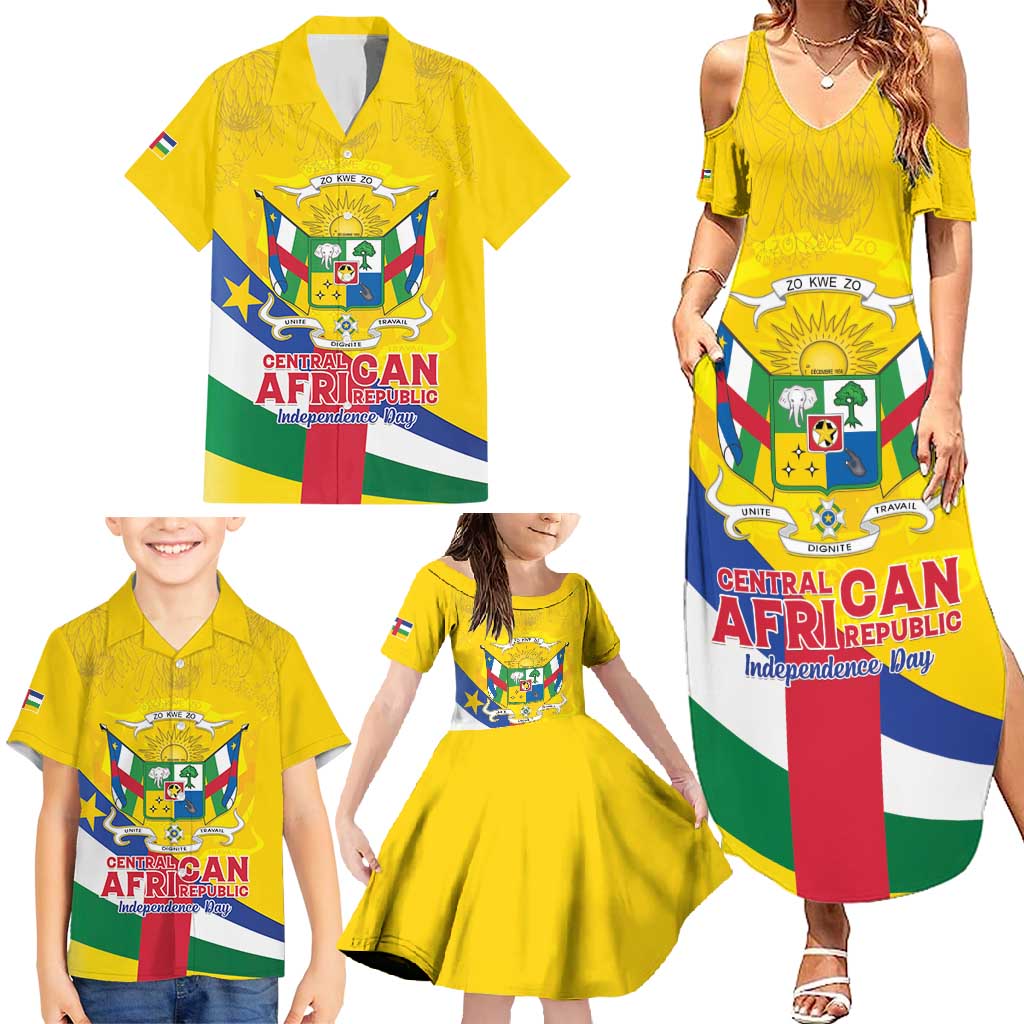 Personalised Central African Republic Independence Day Family Matching Summer Maxi Dress and Hawaiian Shirt Coat Of Arms Proteas