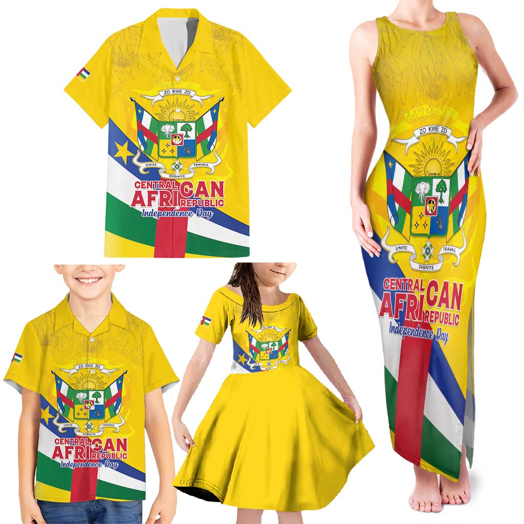 Personalised Central African Republic Independence Day Family Matching Tank Maxi Dress and Hawaiian Shirt Coat Of Arms Proteas