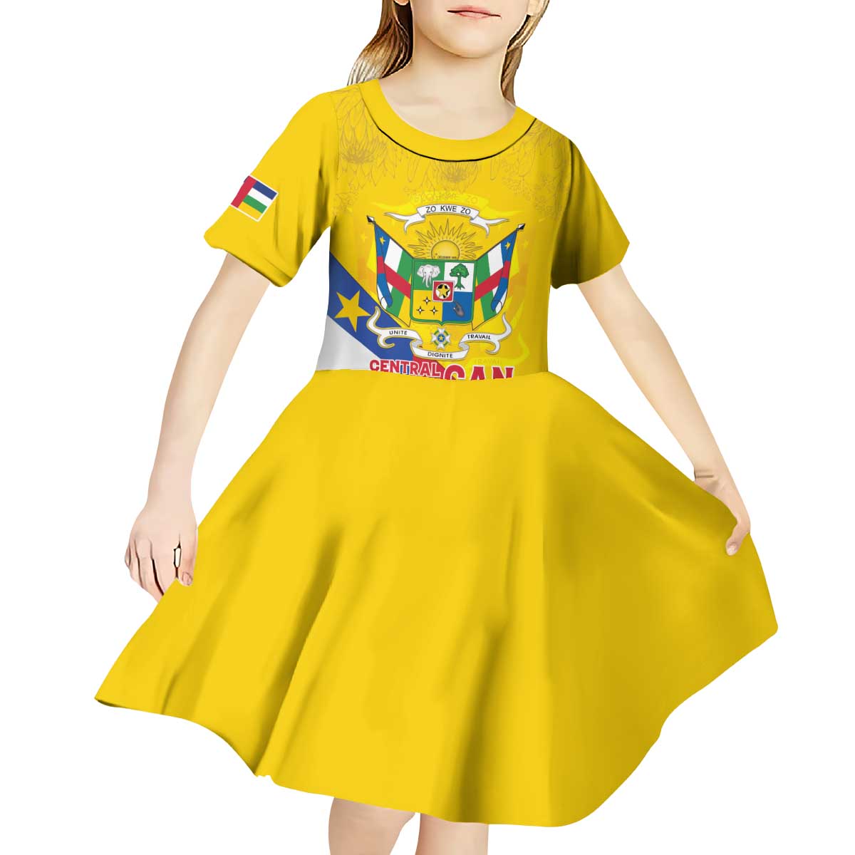 Personalised Central African Republic Independence Day Kid Short Sleeve Dress Coat Of Arms Proteas
