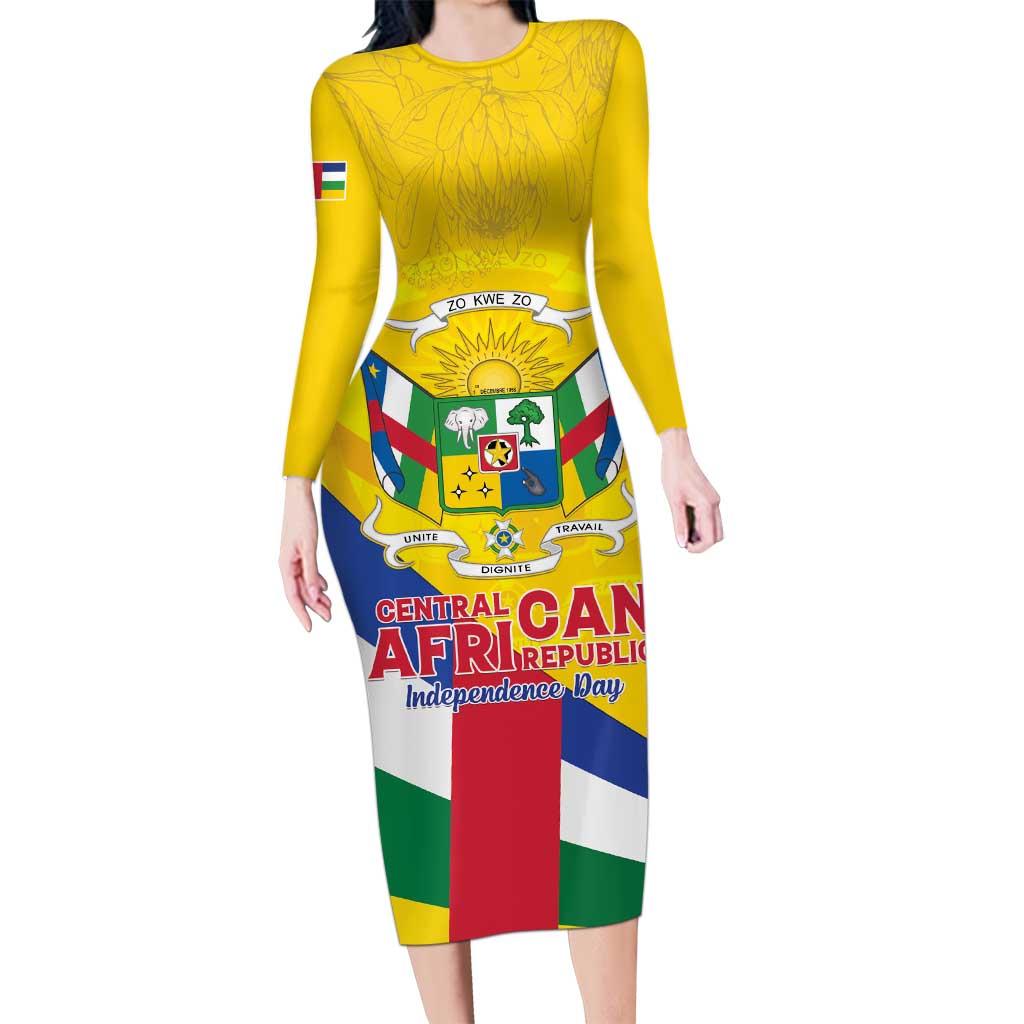 Personalised Central African Republic Independence Day Long Sleeve Bodycon Dress Coat Of Arms Proteas